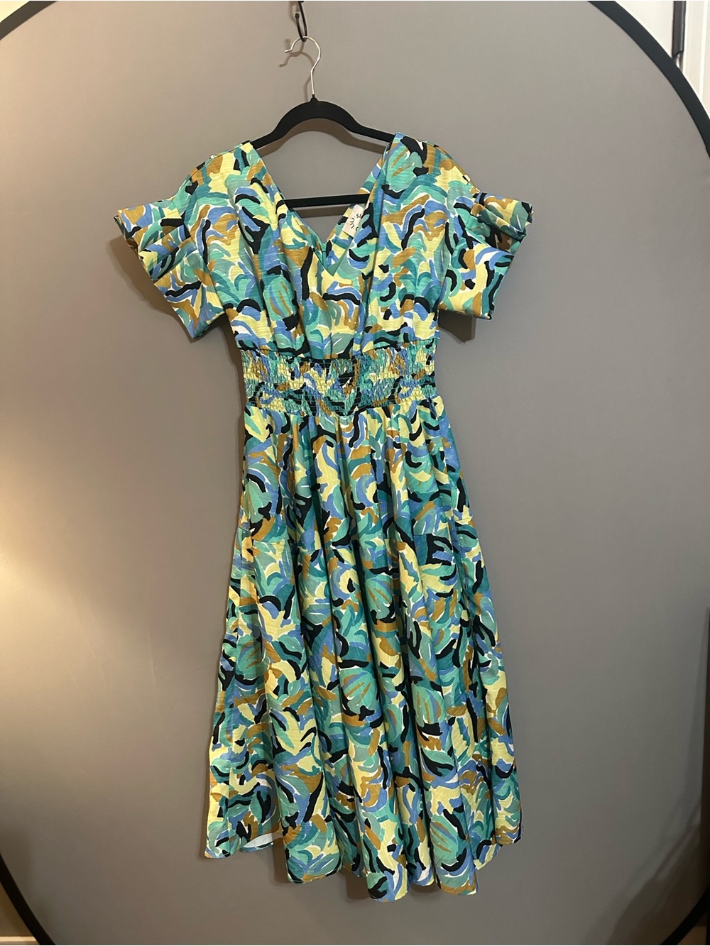 Aqua & Yellow Floral V-Neck Smocked Midi Dress